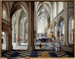 Interiér antverpské katedrály. Obraz Peetera Neefse The Old (nebo Pieter Neefs I) (1578-1660) Ec. Podvod.