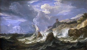 Ztroskotání lodi v bouři poblíž skalnatého pobřeží. Olej na plátně, polovina 17. století, autor: Pieter Mulier II. mladší (nebo Pietro Mulieribus či Pietro Cavaliere Tempesta) (1637-1701). od Pieter the Younger (1637 1701) Mulier