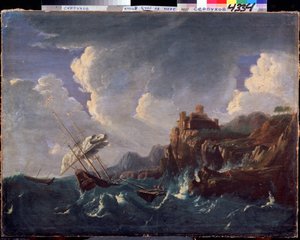 Rozbouřené moře. Rozbouřené moře. Obraz Pietera Muliera II. mladšího (nebo Pietro Mulieribus nebo Pietro Cavaliere Tempesta) (1637-1701). Nizozemské umění, barokní styl. Olej na plátně. Státní muzeum historie a umění, Serpukhov (Serpukhov).