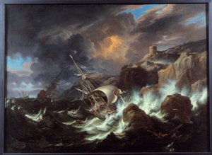 Tempete na moři. Obraz od Pietera Muliera II. mladého (nebo Pietro Mulieribus nebo Pietro Cavaliere Tempesta) (1637-1701)