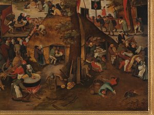 Vesnická slavnost s divadelním představením a průvodem na počest sv. Huberta a sv. Antonína od Pieter Brueghel the Younger