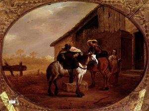 Odjezd z hotelu Po zastávce v hostinci jedou dva jezdci na koních. Obraz Pietera Van Laera dit Bamboccio (BAmboche ou Bamboots) (1592/5-1642) (ek.holl.) 17. století Sun. 32x43 cm Paříž, musee du Louvre - Odjezd z hostince, Piet od Pieter van Laar