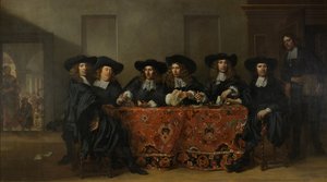 Šest vladařů a hospodář Institutu Oude Zijdse pro venkovní pomoc chudým, Amsterdam, 1675