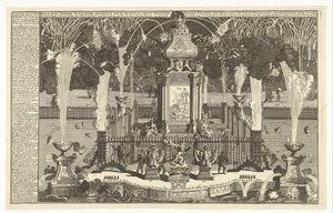 Ohňostroj na počest míru v Utrechtu, 1713 Holandský mírový ohňostroj vztyčený noble Groot Mogende Heeren ve státech Holandsko a Západní Frísko, odpálený v řece do Haagu (...) (název na objekt) od Pieter van Buysen jr.
