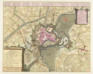 Kaart van het beleg van Menen, 1706 Plán města Menin s útoky (...) vojsk Spojenců (...). (název na objektu) od Pieter van Call (II)