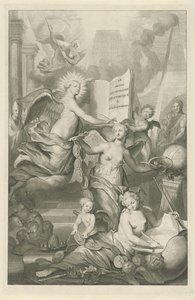 Sláva, věčnost a spisovatelské umění Titulní strana pro Louis Moréri, Le grand dictionaire historique, 1731 od Pieter van Gunst