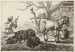 Prasata a osli ve stáji, vlevo přadlena. od Pieter van Laer
