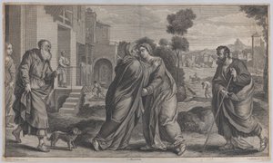 Navštívení, svatá Alžběta objímající Pannu ve středu, když svatý Josef kráčí do..., ca. 1656-60 od Pieter van Lisebetten