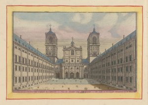 Pohled na nádvoří a vstup do kostela San Lorenzo v Escorial První a hlavní nádvoří Escurial (název na objektu) Theatrum Hispaniae (...) (název série) od Pieter van den Berge