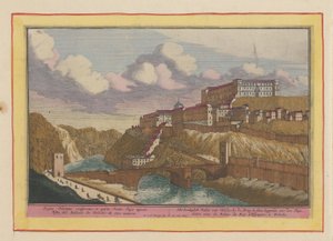 Pohled na Alcazar de Toledo Královský palác v Toledu; u mostu k vidění, ležící nad Tajem (název na objektu) Theatrum Hispaniae (...) (název série) od Pieter van den Berge