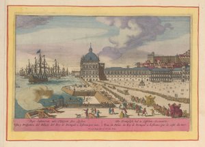 Pohled na královský palác v Lisabonu a nádvoří s lidmi Královský dvůr v Lisabonu; Zeewaartz (název na objektu) Theatrum Hispaniae (...) (název série) od Pieter van den Berge
