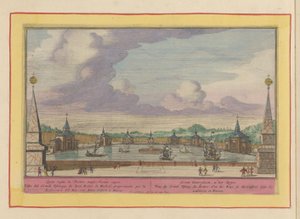 Velký rybník s loděmi v zahradách Palacio del Buen Retiro v Madridu Groote Waterplaats, v Retiro (název na objektu) Theatrum Hispaniae (...) (název série) od Pieter van den Berge
