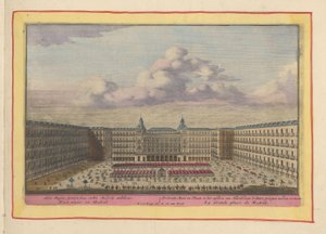 Plaza Mayor v Madridu The Great Mart and Place, v centru Madridu, kde jsou zobrazeny bitvy býků (název na objektu) Theatrum Hispaniae (...) (název série) od Pieter van den Berge