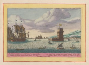 Věž Belém se nachází v řece Tagus Hrad Bellem, ležící před Lisabonem v Tajo (název na objektu) Theatrum Hispaniae (...) (název série) od Pieter van den Berge