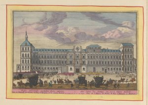 Čelní pohled na královský palác v Madridu Královský palác, zepředu, uvnitř Madridu (název na objektu) Theatrum Hispaniae (...) (název série) od Pieter van den Berge