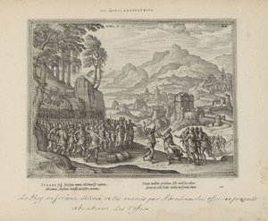 Abraham en de koning van Sodom Buď tato železná zeď (název na předmětu) Posvátné emblémy a hlavní historie obou zákonů (Oude Testament) (název série) Obrázky a figurky knih (název série) od Pieter van der Borcht (I)