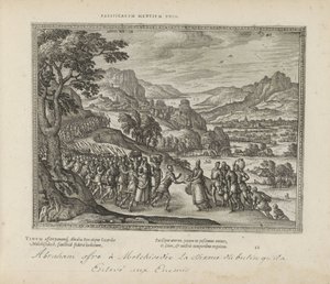 Abraham se setkal s Melchisedechem Spojení mírumilovných myslí (název na objektu) Posvátné emblémy a hlavní historie obou zákonů (Oude Testament) (název série) Obrázky a figurky knih (název série) od Pieter van der Borcht (I)