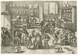 Prodejna holičů a chirurgů Monkey game (název série) od Pieter van der Borcht (I)