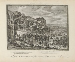 Landschap met de verdrijving van Hagar en Ismaël door Abraham Adoptovaní synové lucusa (titul na předmětu) Posvátné emblémy a hlavní historie obou zákonů (Oude Testament) (název série) Obrázky a figurky knih (název série) od Pieter van der Borcht (I)