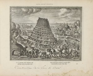 Toren van Babel Elusa mundi potenia (název na objektu) Posvátné emblémy a hlavní historie obou zákonů (Oude Testament) (název série) Obrázky a figurky knih (název série) od Pieter van der Borcht (I)