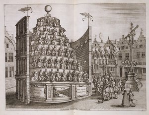 Ilustrace zobrazující pohyblivé divadlo z „historického vyprávění o odchodu a inauguraci...“ od Johannese Bochiuse, Plantin Press, 1602