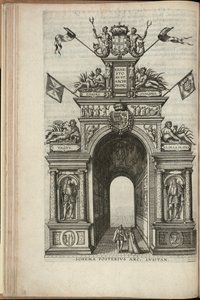 Řeky Tagus, Plata, Ganga a Hydaspes. Zadní strana portugalského vítězného oblouku, vjezd Ernsta, arcivévody rakouského, do Antverp, vydáno 1595 (rytina)