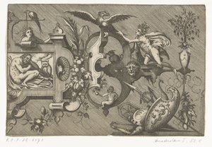 Pravá polovina velké kartuše zobrazující Noc Compertimenta pictoriis flosculis manubiisque… (název série) od Pieter van der Heyden