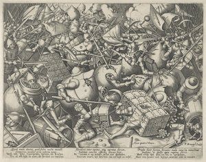 Bitva mezi pytli s penězi a truhlami s penězi od Pieter van der Heyden