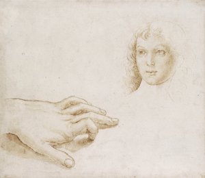 Studie hlavy a ruky (pero a štětec světle hnědým inkoustem přes kovovou jehlu na bílém papíře) od Pietro (circle of) Perugino