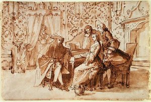 Hudební večírek (pero a hnědá barva přes černou křídu na papíře) od Pietro Antonio Novelli