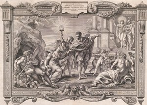Annibale Carracci představuje malbu Apollónovi a Minervě, 1674. od Pietro Aquila