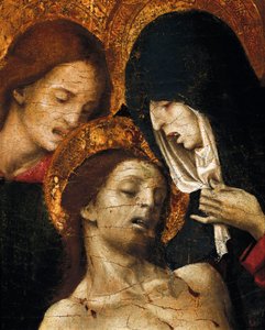 Sestup z kříže (Deposizione), detail svatého Jana, Panny Marie a Krista, začátek 16. století (tempera na panelu) od Pietro Cavaro