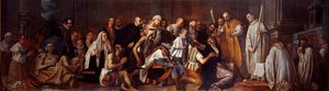 Svatý Bernard z Clairvaux (San Bernardo di Chiaravalle) (1090-1153) a Posssedee Dav složený z invalidů přichází na scénu démonova vysvobození. Obraz Pietra Daminiho (1592-1631) Chioggia ze 17. století, Chiesa di San Domenico od Pietro Damini