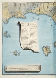 Mapa zálivu Gaeta z „Campi Phlegraei: Observations on the Volcanoes of the Two Sicilies“, od Sira Williama Hamiltona (1730-1803), vydaná 1776 (ručně kolorovaná rytina) od Pietro Fabris