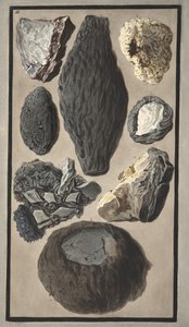 Vzorky vulkanické hmoty, z „Campi Phlegraei: Pozorování sopek na dvou Sicíliích“, od Sira Williama Hamiltona (1730-1803), vydáno 1776 (ručně kolorovaná rytina) od Pietro Fabris