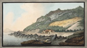 Pohled na část vnější strany kužele Solfaterry, deska XXIII z "Campi Phlegraei: Sir William Hamilton (1730-1803), vydáno v roce 1776 (ručně kolorovaná rytina).