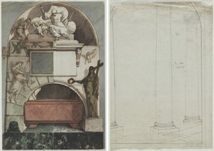 Návrh na fresku umělcovy hrobky v Certosa v Bologni (recto); Architektonické kreslení sloupů (verze)