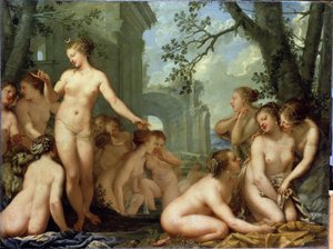 Diana a Callisto (Diana a Callisto). Řecká mytologie: Diana objeví těhotenství těhotné nymfy Callisto of Zeus. Obraz Pietra Liberiho (1614-1687). Barokní umění. Olej na plátně. Muzeum Ermitáž Petrohrad