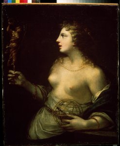 ""Urania"" (Urania) reprezentace ochranné múzy astronomie a astrologie, držící ruku na kouli. Obraz Pietra Liberiho (1614-1687) Muzeum umění Michaila Krošitského ze 17. století, Sevastopol (Sevastopol) Ukrajina