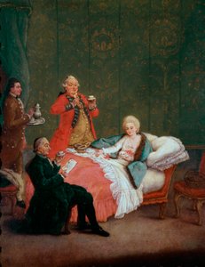 Ranní čokoládová mladá žena šlechty leží ve své posteli a obsluhují ji tři muži. Obraz Pietra Longhiho (1702-1785) 1775-1780. Ztlumit. 60x47 cm Ca 