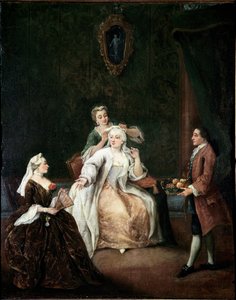Kadeřník (The hairdresser) Malba Pietra Longhiho (1702-1785) cca 1760. Rozměr 62x50 cm Benátky, Ca 