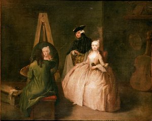 Malířský ateliér Malíř před stojanem zobrazuje mladou ženu. Obraz Pietra Longhiho (1702-1785) 1740-1745 Ne. 44x53 cm Benátky, Ca 
