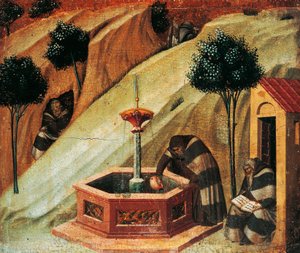 Karmelitánka čerpá vodu z pramene proroka Eliáše, detail ze stupně karmínského oltáře od Pietra Lorenzettiho (kolem 1280-1348), tempera a zlato na dřevěné desce od Pietro Lorenzetti