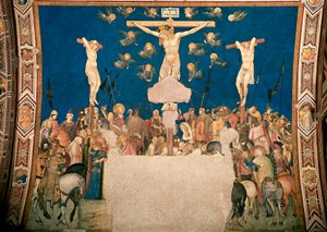Freska ukřižování od Pietra Lorenzettiho (1280/5 kolem-1348) 1335-1340 Bazilika San Francesco, Dolní kostel, Assisi