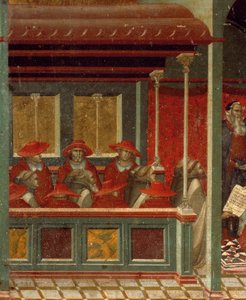Honorius III schvalující karmelitánské pravidlo, detail z predely oltářního obrazu pro Carmine od Pietra Lorenzettiho (kolem 1280-1348), tempera a zlato na dřevěné desce