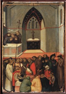 Exhumované tělo sv. Pokory je nepoškozené (Polyptych života svaté Pokory) - Detrempe na dřevě 14. stol.