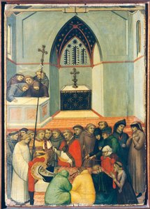 Exhumované tělo blahoslaveného se nachází neporušené a čerstvé, dlaždice na oltářním obraze Blahoslavené Pokory od Pietra Lorenzettiho (asi 1280-1348), tempera a zlato na dřevěné desce. od Pietro Lorenzetti