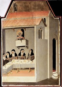 Negramotný světec čte zázračně (Polyptych života svaté Pokory) - Detrempe na dřevě 14. stol. od Pietro Lorenzetti