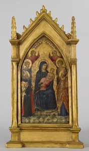 Panna s dítětem se svatými Augustinem, Mikulášem, Kateřinou, Lucií a anděly, kolem 1340-45 (tempera a plátkové zlato na panelu)