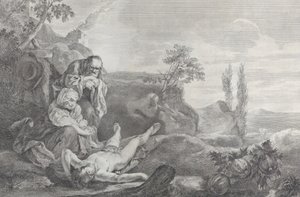 Adam a Eva vlevo, jako starší manželský pár, truchlící nad mrtvolou Ábela, který leží v..., 1743-63.